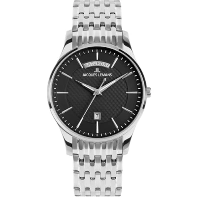 Afbeelding van JACQUES LEMANS 1 2193 London herenhorloge met leren band of metalen armband 40 mm datum van de week in verschillende varianten, Zwart /