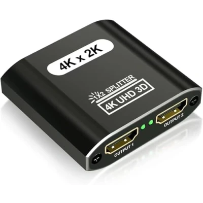 Afbeelding van HDMI splitter 1 in 2 uit: aluminium 4K x voor dubbele monitoren bron naar schermen alleen spiegel/duplicaat, ondersteunt 3D en 1080P Xbox, PS4, Fire Stick HDTV