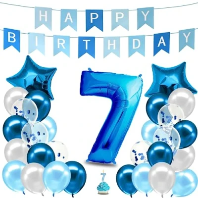 Afbeelding van verjaardagsdecoratie jongens blauw nummer 7 jaar verjaardagsslinger ballonnen kinderverjaardag decoratie