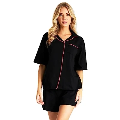 Afbeelding van Pyjama voor dames, shorts en overhemd, katoen, pyjamaset knoopsluiting, vooraan, korte pyjama, loungewear, nachtkleding, meisjes, jongeren, zomer, maten S XL, Zwart/Roze
