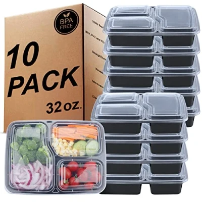 Afbeelding van KINGHON Set van 10 bentoboxen met 3 vakken, BPA vrij, herbruikbaar, kunststof luchtdichte deksels, geschikt voor vriezer, magnetron en vaatwasser [10 verpakkingen, 950 ml]