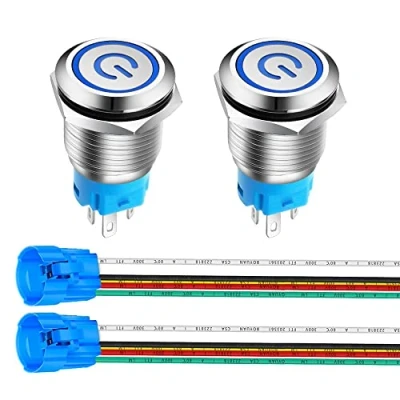 Afbeelding van Gebildet 16 mm, drukschakelaar, niet momenteel, van roestvrij staal, vermogenssymbool, 3 V 5 6 7,5 9 V/3 A, 1NO1NC, SPDT on Off, waterdicht, met stekker (blauwe led, vergrendeling)