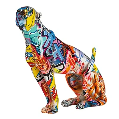 Afbeelding van beeldje jachtluipaard in polyresin Zittende cheetah decoratie graffiti motief Street Art 33 cm hoog