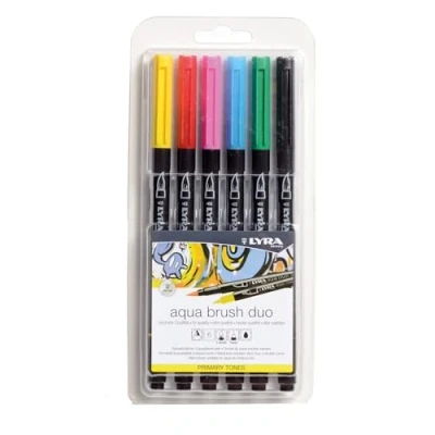 Afbeelding van Lyra Aqua Brush Duo, 6 kleuren, Verschillende Ronde punt &amp; penseelpunt, Zwart, Rond, Inkt op waterbasis