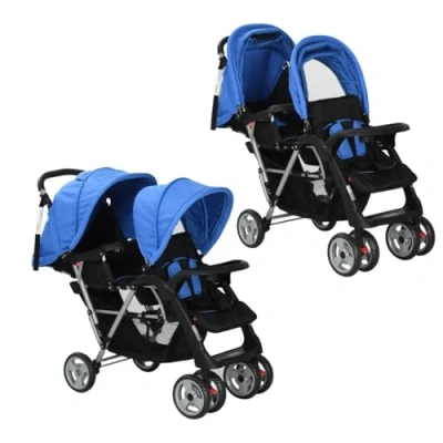 Afbeelding van vidaXL Kinderwagen dubbel staal blauw en zwart