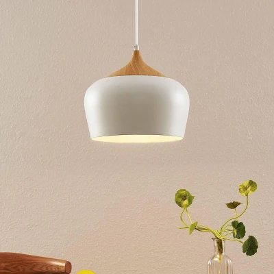 Afbeelding van Lindby hanglamp 1licht metaal, hout H: 25.5 cm E27 wit, licht