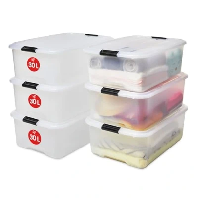 Afbeelding van Iris Ohyama Opbergdozen, set van 6 stuks, 30 liter, met clips, stapelbaar, voor woonkamer, slaapkamer, garage Top Box TB transparant