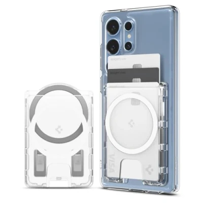 Afbeelding van Spigen Ultra Hybrid MagFit magnetische kaarthouder met 3 kaarten externe metalen ring, ontworpen voor beschermhoes, compatibel Samsung Galaxy S25/S25+/S25 Ultra, transparant,