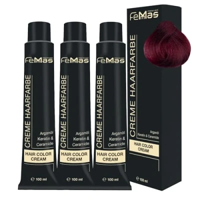 Image de FemMas Lot de 3 teintures pour cheveux blonds, 100 ml chacune, professionnelles, à l’huile d&#039;argan, kératine et céramides, comme coloration permanente/teinte, blond moyen rouge violet 7.26