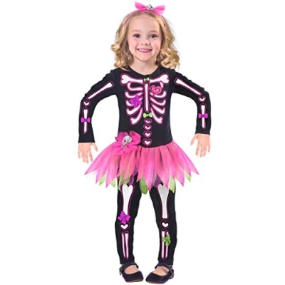 Afbeelding van amscan kostuum voor kinderen, meisjes, skelet, roze, dooddag, party,