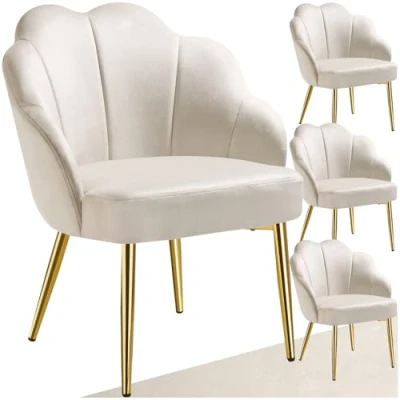 Afbeelding van tectake 4x Cocktail Stoel Hellen, Gestoffeerd met Fluwelen Bekleding, Zachte Vulling, Gewelfde Rugleuning, Stalen Poten Poedercoating set van 4 Crème/Goud