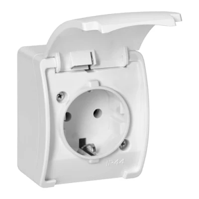 Afbeelding van Miratic Stopcontact voor buiten, waterdicht, opbouw, Schuko versie, hoge waterdichtheid, IP44, met beschermklep, Duitse versie (wit)