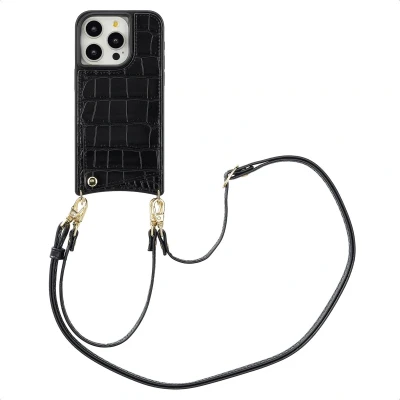 Afbeelding van Selencia Hoesje Geschikt voor iPhone 15 Pro met Pasjeshouder Nova Croco Backcover koord en pashouder Zwart