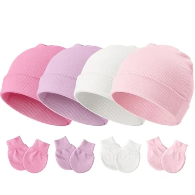 Afbeelding van DRESHOW Babymutsen en wanten, beschermende pasgeborenen, peuters, zacht, schattig, gebreid, muts, 0 3 maanden, eenheidsmaat, 4 Sets: Beanie Hoeden &amp; Mittens 104 F06