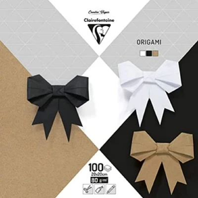 Afbeelding van Clairefontaine 95006C, verpakking met 100 vellen origami papier, 80 g/m², formaat 20 x cm, glad en gekleurd creatieve vrije tijd, neutraal assortiment (zwart, wit, kraft)