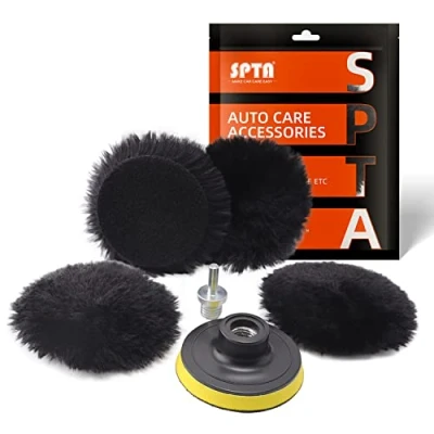 Afbeelding van SPTA HWPPS3M14M6 Lamswollen pad, 5 delig, 80 mm, polijstschijf, polijstset, klittenband pad polijstschijf + M14 booradapter voor auto polijstmachine