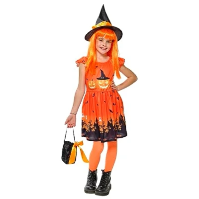 Afbeelding van Rubies Pompoen heksenkostuum voor meisjes, bedrukte jurk, hoed en tas, officieel Halloween, carnaval, verjaardag, feest