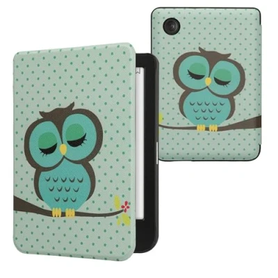 Afbeelding van kwmobile E reader hoesje geschikt voor Kobo Clara BW / Colour hoes flip case met magnetische sluiting Ereader cover Slapende Uil design in turquoise bruin mintgroen