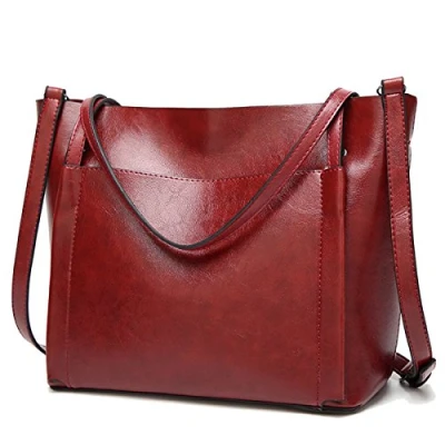 Afbeelding van Coolives Tote Boodschappentas voor dames, van PU leer, Damascus, emmer, handtassen, schoudertassen, Rode wijn,