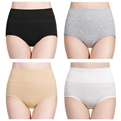 Image de wirarpa Culottes Femmes Coton Taille Haute sous vêtements Slip Elasticité Boxer Femme Ventre Plat, Noir, Blanc, Gris, Beige 4 Pack, S