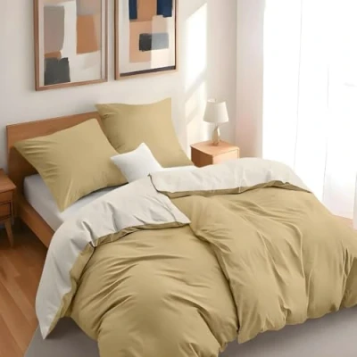 Afbeelding van Dreamzie 2 dekbedovertrekken 135 x 200 cm met kussenslopen 80 cm, beige/zand, van 100% microvezel, 4 delig, gecertificeerd zonder chemicaliën (Oeko TEX)
