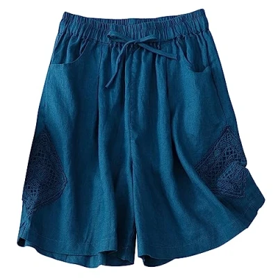 Afbeelding van Runstarshow Linnen bermuda voor dames, hoge taille, elastisch, knielang, met 3 zakken, losse pasvorm, Blauw
