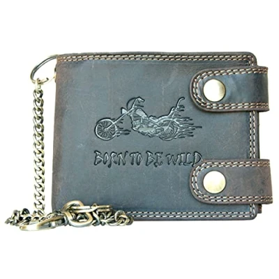 Afbeelding van Born to be Wild RFID bikerportemonnee van echt leer met motorfiets en metalen ketting, bruin, één maat, Bruin