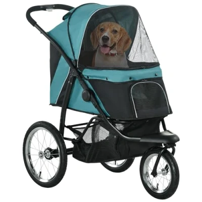 Afbeelding van PawHut Hundewagen Hundebuggy klappbar für Hunde &amp; Katzen bis 20 kg Katzenbuggy mit geländegängige Gummiräder Kissen Netzfenstern Türen Katzenwagen Aufbewahrungskorb Buggy Dunkelgrün