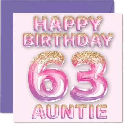 Afbeelding van Verjaardagskaart voor tante 63 jaar, roze en paarse glitterballonnen, verjaardagskaarten jarige van neef nichtje, 145 mm x