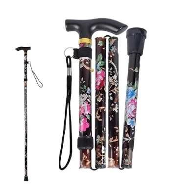 Afbeelding van BOBOZHONG wandelstok, opvouwbare stok voor ouderen, uitschuifbare opvouwbaar, dames, verstelbare aluminium flexibele bloem, zwart