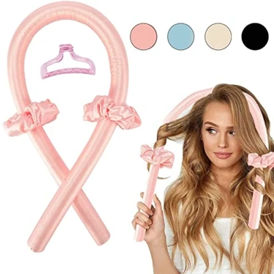 Afbeelding van Heatless Curls Band krulspelden voor &#039;s nachts, warmtevrije lang haar, zachte hoofdband om te slapen grote krullen, met 2 haarelastiekjes + 1 haarclip (roze)