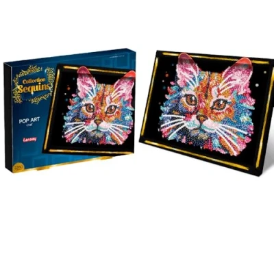 Afbeelding van Collectie pailletten Pop Art Chat nieuw maak een glinsterend schilderij van kat inclusief opbergvak creatieve activiteit voor volwassenen en jongeren vanaf 14 jaar