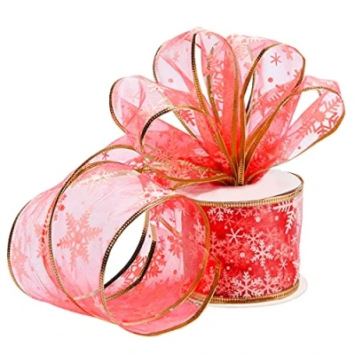 Afbeelding van BELLE VOUS Organza cadeaulint, rood, kerstlint met ijzerdraad, 10 m x 6,3 cm, pailletten en sneeuwvlokken voor kerstdecoraties, breed lint verpakking kerstdecoratie
