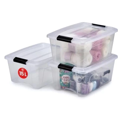 Afbeelding van stapelbare opbergdozen met klikslot, kunststof, transparant deksel, 15 l, set van 3