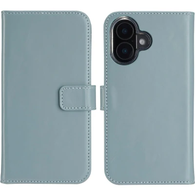 Afbeelding van Selencia Hoesje Geschikt voor iPhone 16 Plus Met Pasjeshouder Echt Lederen Bookcase lichtblauw