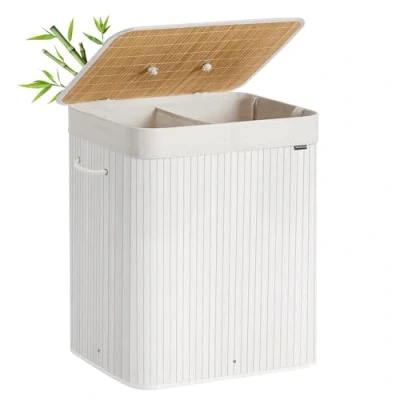 Afbeelding van SONGMICS panier à linge avec couvercle, 2 compartiments, 120 litres, en bambou, pliable, amovible et lavable machine, sac poignées, pour buanderie, blanc LCB014W01