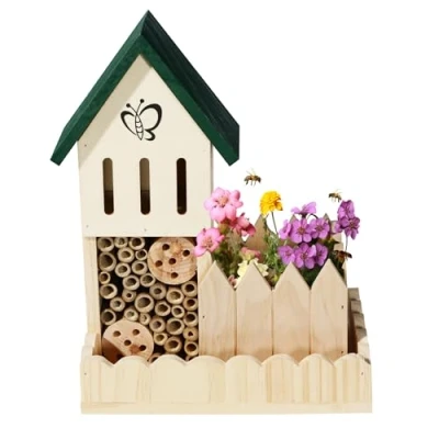 Afbeelding van Navaris Houten insectenhotel met bloempot 22 x 15 29 cm Vlinderhotel en bijenhotel Ook voor lieveheersbeestjes huisje blauw dak