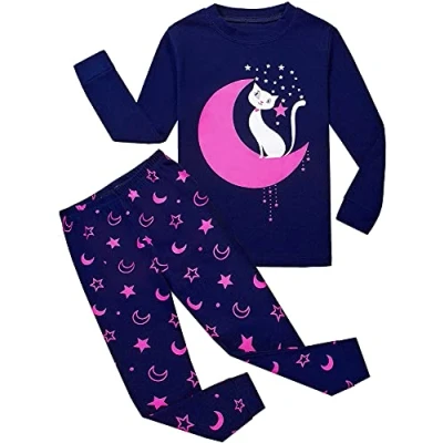 Afbeelding van Tkiames Pyjama voor meisjes, giraffe, 2 delig, 100% katoen, 1 7 jaar, Maan kat