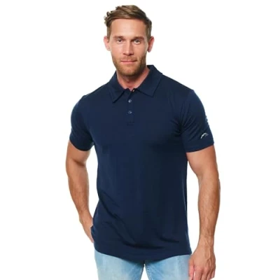 Afbeelding van Merino.tech Thermisch T shirt van 100% biologische merinowol voor heren + wandelwollen sokken, Midnight Navy Polo
