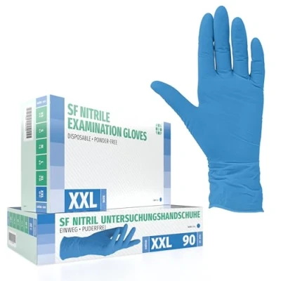 Afbeelding van SF Nitril wegwerphandschoenen, 90 stuks, maat XXL, blauw, rekbaar, poedervrij, latexvrij, scheurvast, rubberen handschoenen
