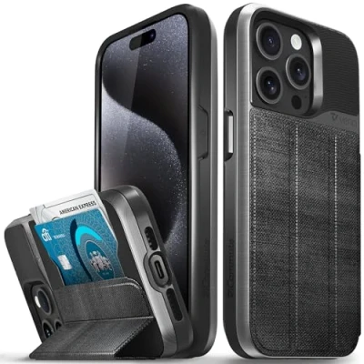 Afbeelding van VENA vCommute Portemonneehoesje compatibel met Apple iPhone 15 Pro (6,1 inch), militaire valbescherming, lederen klaphoes kaartsleuf en standaard, grijs