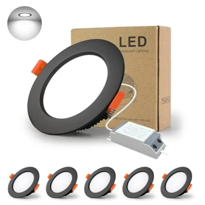 Afbeelding van LED inbouwspot, zwart, extra vlak, 5 stuks, W, 500 lm = 50 gloeilamp, IP44, koud wit 6000 K, AC 220 240 V, uitsparing 70 80 mm, rond inbouwplafond voor badkamer, keuken, woonkamer, hal
