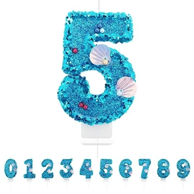 Afbeelding van Verjaardagskaarsen, cijfer 5, 3D, zeemeermin, blauw, verjaardagstaartdecoratie