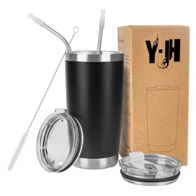 Afbeelding van Y·J&amp;H 600 ml reisbeker, dubbelwandig, vacuüm geïsoleerd, roestvrij staal, met 2 spatdeksels, rietjes en afvoerborstel, BPA vrij, zwart