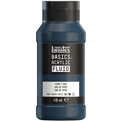 Image de Liquitex Basics Fluid Peinture acrylique à consistance fluide, séchage rapide, résistante la lumière, imperméable, base d&#039;eau, Flacon de 118 ml, Gris Payne
