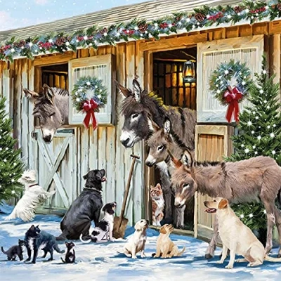 Afbeelding van 20 stuks servetten dieren bezoeken in de winter ezel hond boerderij tafeldecoratie feest knutselen decoupage servettechniek 33 x cm