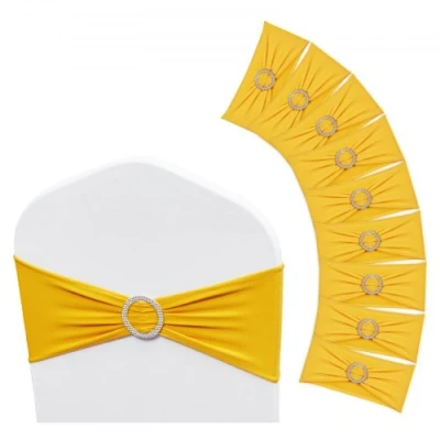 Image de VEVOR 50 pcs, Écharpe de chaise en élasthanne extensible avec boucle ronde, housse et ceinture extensible, pour mariage, vacances, banquet, fête, décoration célébration, doré