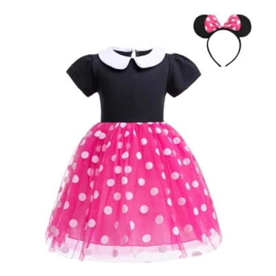 Afbeelding van Lito Angels Minnie Mouse verkleedjurk voor meisjes, met hoofdband muizenoren, maat 4 5 jaar, warm roze (etiket van stof 120)