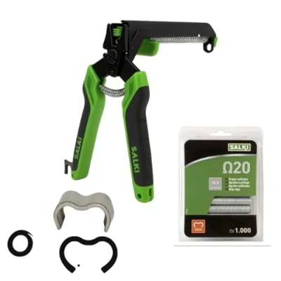 Afbeelding van Salki nietmachine voor hekken met oplader FSK20C geïntegreerde kabelsnijder, blister 1000 nietjes Ω20, verzinkt, 3301310PA2, groen