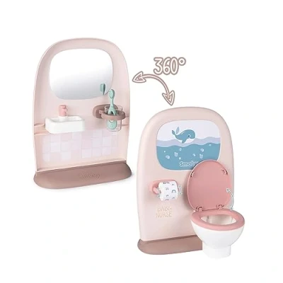 Image de 1 cote toilettes avec papier hygienique et abattant fonctionnel + lavabo miroir brosse a dents gobelet. Poupon non inclus.